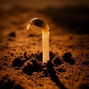 Time-lapse seed sprouting organic soil closeup showing germination process as white sprout emerges and grows from rich brown earth in macro detail