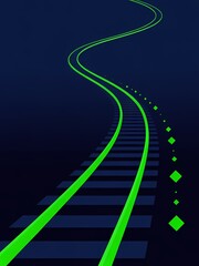 Glowing Green Railway Tracks on Dark Blue Background.