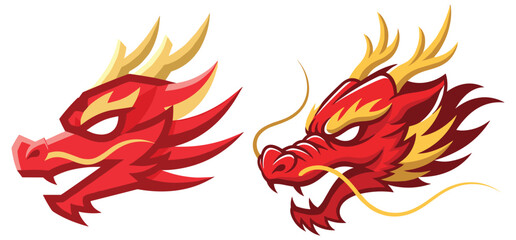 Naklejka premium Two Red Dragon Heads Facing Left, Asian Mythology, Symbolic Creature Illustration