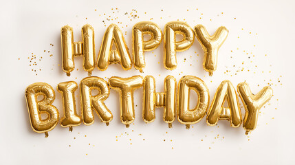 Fototapeta premium Happy birthday greeting: gold foil balloons with stars and confetti on a white background. Holiday greeting card concept.
