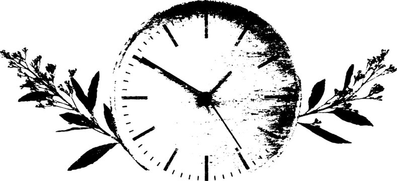 Vintage clock and laurel high contrast black and white ink design
