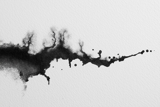 Abstract black ink bleed on textured white paper, artistic watercolor stain with splatters for minimalist background design