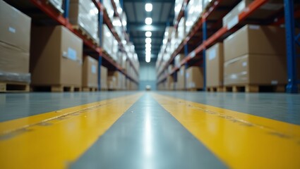 Fototapeta premium Warehouse management and logistics organization featuring stacked cardboard boxes on shelves and pallets in a large distribution center with designated pathways