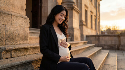 Pregnant woman on stone steps.