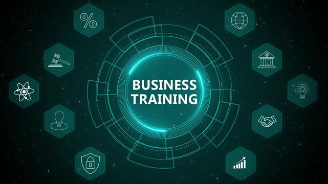 Corporate Business Training and Professional Development Concept with Digital Learning Technology Interface HUD 4K futuristic animation background