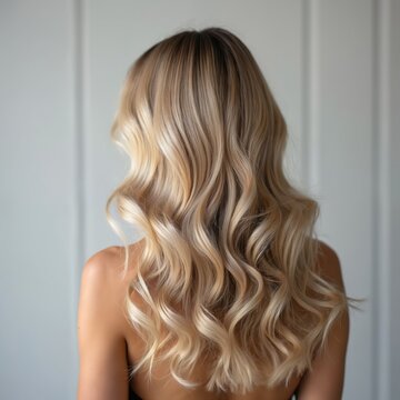 Woman with long blonde wavy hair from behind. Shiny healthy hair with balayage coloring. Back view portrait of young female model. Elegant hairstyle for special occasion. Care and beauty products.