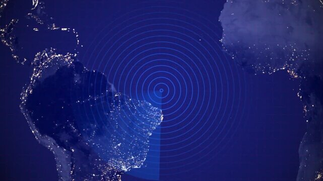 Global Radar Scanner Sweeping Over South America Map at Night Digital Radar Interface with Concentric Circles Over Earth Satellite View Data Localization and Tracking Motion Graphic.4k video.