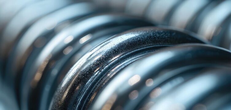 Shiny metal corrugated tubes run parallel. Their reflective, textured surface creates a cool abstract industrial background. This abstract close-up shot shows metallic lines and curves.