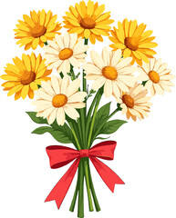 Golden yellow daisy flower bouquet with natural stems and decorative ribbon isolated on white background for seasonal and festive designs