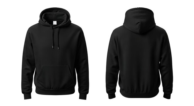 Sudadera negra con capucha vista frontal y posterior, aislada sobre fondo blanco para maqueta dise&ntilde;o
