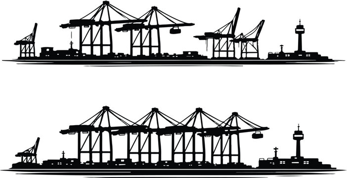 Seaport vector icon, crane port silhouette vector illustration isolated on white background, global shipping logistics maritime transport design