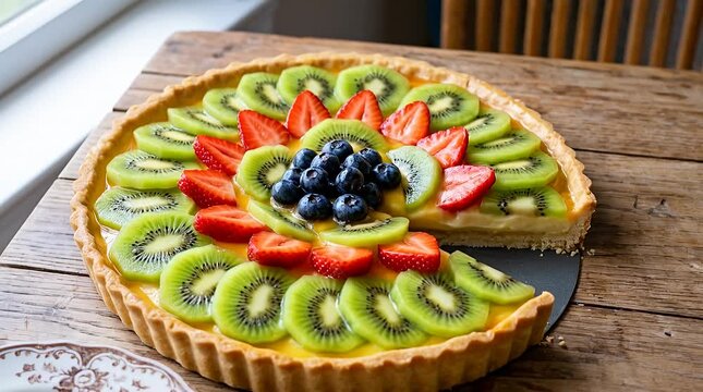 Delicious fruit tart with kiwi, strawberries, and blueberries, pastry dessert, sweet treat, kiwi,.