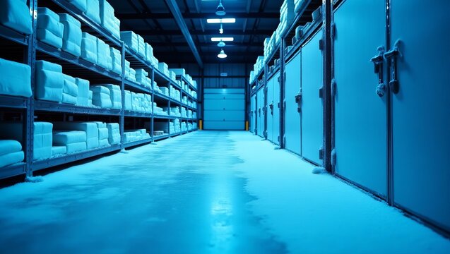 cold storage warehouse facility with shelving and freezer units for storing perishable goods and frozen products in a refrigerated environment for food preservation purposes daily.