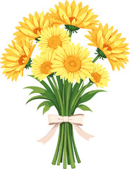 Yellow and white daisy flower bouquet with elegant bow isolated for wedding invitation and seasonal design projects