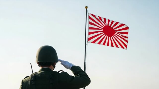 Japanese Self Defense Force Soldier Saluting Rising Sun Flag, Military Honor Ceremony