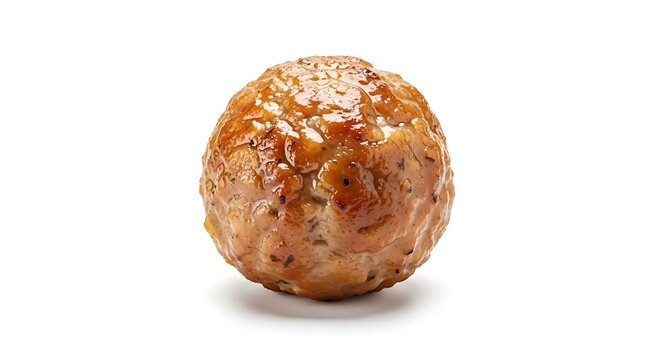 A single, glossy, brown, seasoned meatball sits on a white background.