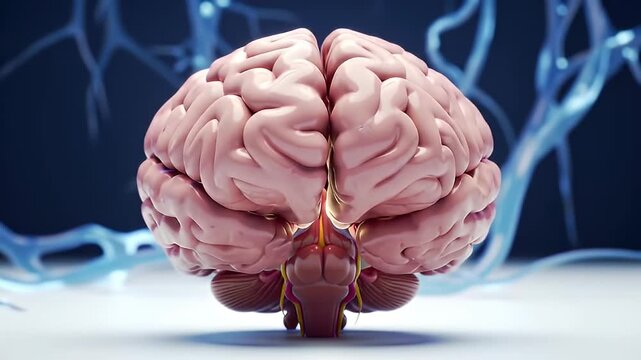 Detailed anatomical illustration of a human brain with visible blood vessels and neural pathways showcasing complex neurological structure for medical or scientific applications