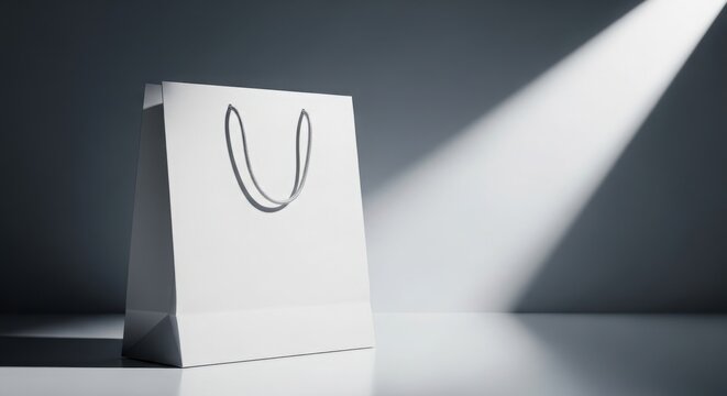 White paper shopping bag with handles in dramatic spotlight on dark background mokap images