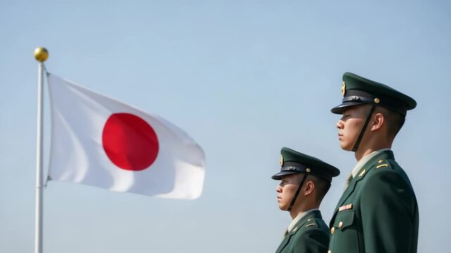 Japanese military honor guard ceremony with two young men in uniform and national flag