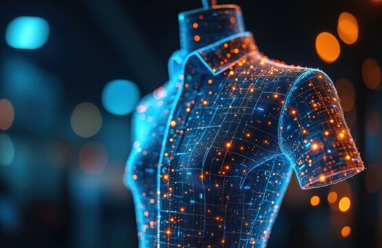 Virtual shirt displays glowing circuit patterns. Modern tech fashion design with abstract light effects. Futuristic clothing on mannequin for digital innovation.