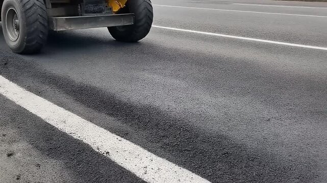Heavy machinery operating on asphalt road surface during construction.