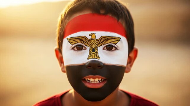 Happy young Egyptian boy with face painted as national flag for sports event or holiday celebration