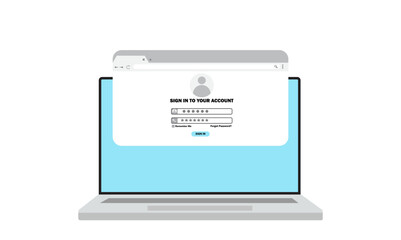 Login form on laptop screen. Laptop with login and password page. Username and password fields. User authorization on web browser window on computer.