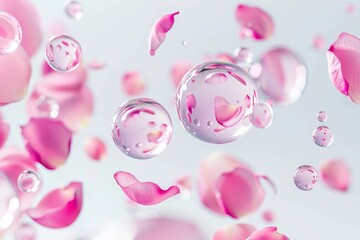 Pink water droplets with rose petals floating inside minimal 3D spheres on white background high-resolution