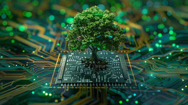 Green tree growing from computer chip on circuit board