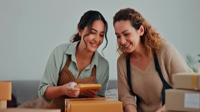 Two women happily packing boxes for shipping and online business.