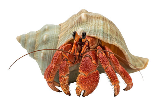 Vibrant orange hermit crab emerging from shell isolated on transparent background