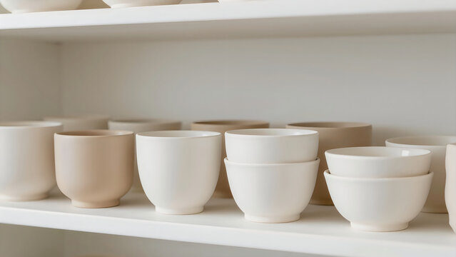 A shelf full of ceramic bowls in various shapes and sizes