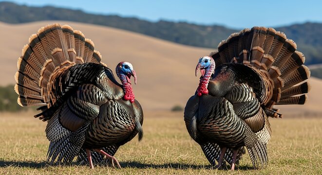 Two wild turkeys display their fanned tails in a dry grassy field.