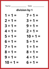Naklejka premium Math worksheet for children, learning the multiplication, division by one table, test, homework. 
