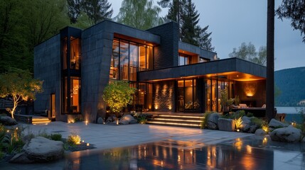 Obraz premium Contemporary residential home with warm evening lighting