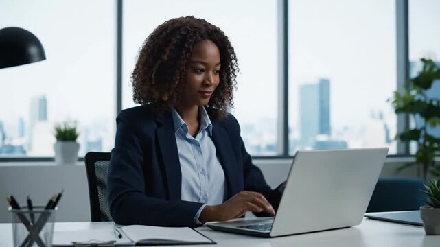 Woman celebrating International Women&rsquo;s Day on laptop at office desk