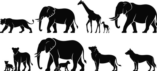 African animal silhouette collection, safari wildlife family with babies, elephant giraffe lion wolf poses, black vector illustration isolated design © Sarjina's World