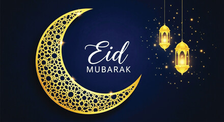 An elegant golden crescent moon with eid mubarak text and hanging lanterns on a dark blue background. © Design and Icon