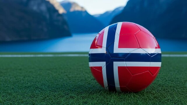 Football with Norwegian flag pattern on turf pitch with beautiful Scandinavian fjord landscape