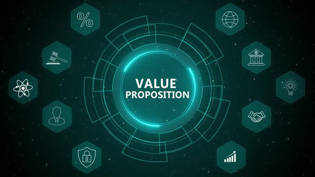 Business Value Proposition Strategy Concept with Corporate Innovation and Digital Market Positioning HUD 4K abstract technology background