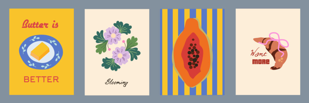 Summer Italy la dolce vita vintage posters. Amalfi or Sicily of postage stamps with image of Italian Mediterranean butter, papaya, flower, croissant decor. Vector illustration  doodle sketch style.