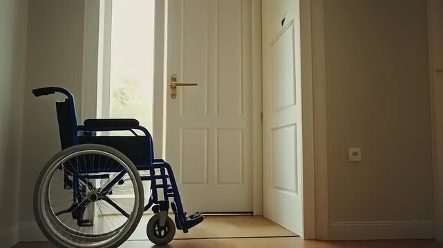 Wheelchair waiting in a hallway near a door.