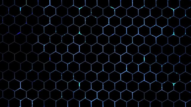 hexagon pattern with blue flowing flash lights in contour lines isolated on black background, abstract motion design element template for communication technology, front view