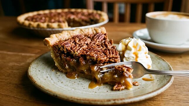 Indulgent pecan pie slice with whipped cream and coffee dessert, sweet pastry goodness pecan pie, dessert.