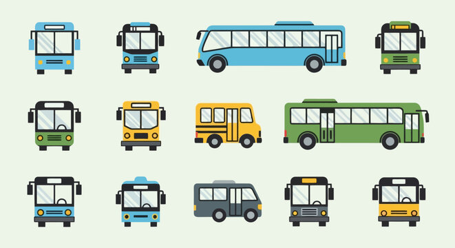 Collection of colorful cartoon buses and vans.