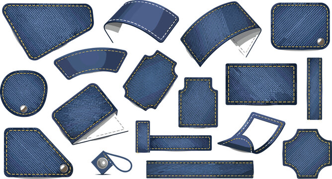 Denim Jeans Fabric Labels and Patches Set with Stitching, Leather Tags, Seam Details and Textile Badges for Fashion Branding and Clothing Design