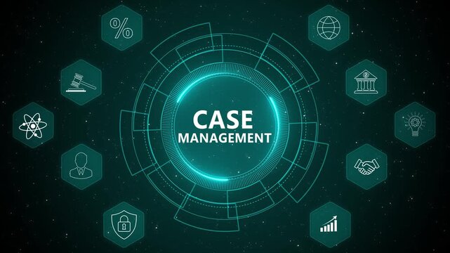 Corporate Case Management Workflow with Digital Process Tracking and Enterprise System Integration HUD 4K black background visuals