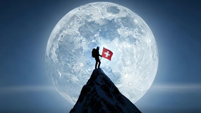 Male mountaineer celebrating Swiss national pride on a snowy summit with a massive full moon background