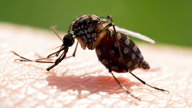 Macro shot of a mosquito biting human skin highlighting the insect s proboscis and intricate details against a blurred green background a close-up for health and science concepts
