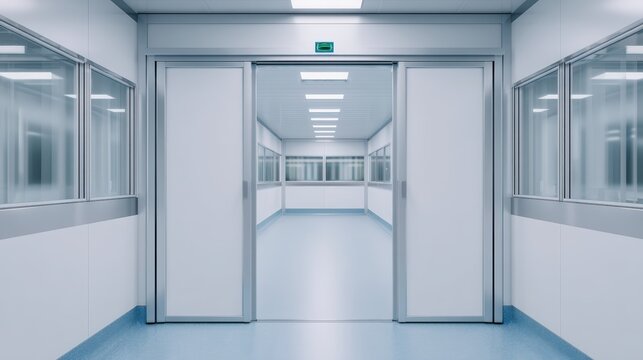 Hospital reception area, A clean, modern, and well-lit hospital corridor with sliding doors and reflective surfaces creating a sterile environment.